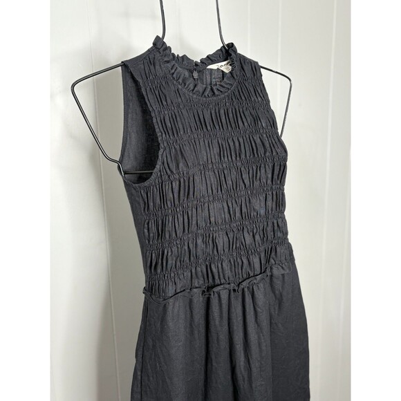 Boden Smocked Linen Midi Women's Dress Sz 2 Black Long High Neck Sleeveless - Picture 2 of 7